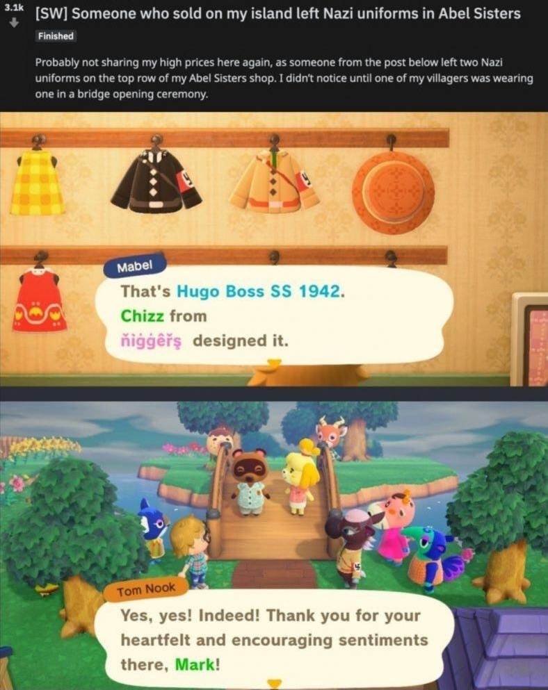 DALk Gl 1 1 r6 2 sW Someone who sold on my island left Nazi uniforms in Abel Sisters Probably ot sharing my high prces here again s someane from the pst elow f wo Naz o on th t9 rowof my AbelSistes shog 1 it notice unc oo of my wlagers was wearing ane i bidge opeing ceremony Yes yes Indeed Thank you for your heartfelt and encouraging sentiments there Mark