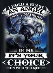 I HOLD A BEAST AN ANGEL AND A MADMAN IN ME IT'S YOUR CHOICE ON WHO YOU MEET