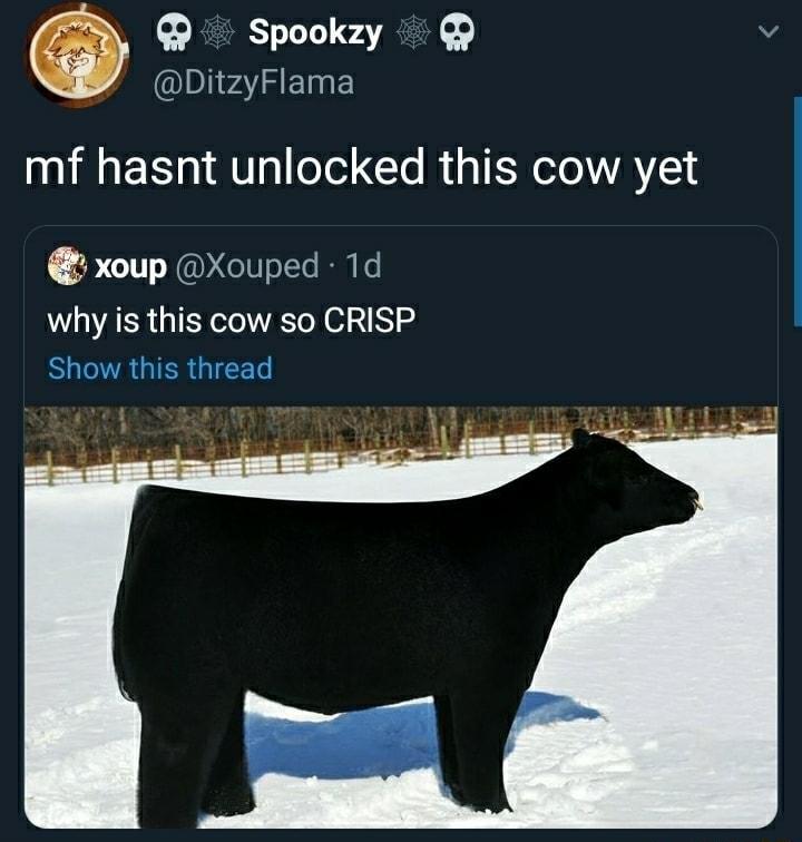 Spookzy i v DJ1vAT S ETaE mf hasnt unlocked this cow yet xoup Xouped 1d why is this cow so CRISP Show this thread