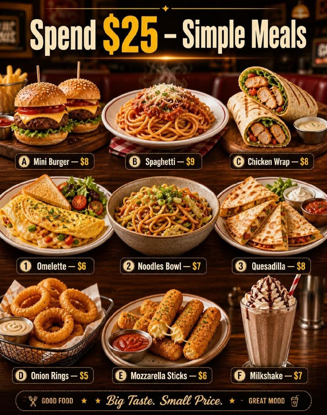 Spend $25 - Simple Meals. A Mini Burger - $8. B Spaghetti - $9. C Chicken Wrap - $8. 1 Omelette - $6. 2 Noodles Bowl - $7. 3 Quesadilla - $8. D Onion Rings - $5. E Mozzarella Sticks - $6. F Milkshake - $7. Good Food. Big Taste. Small Price. Great Mood.
