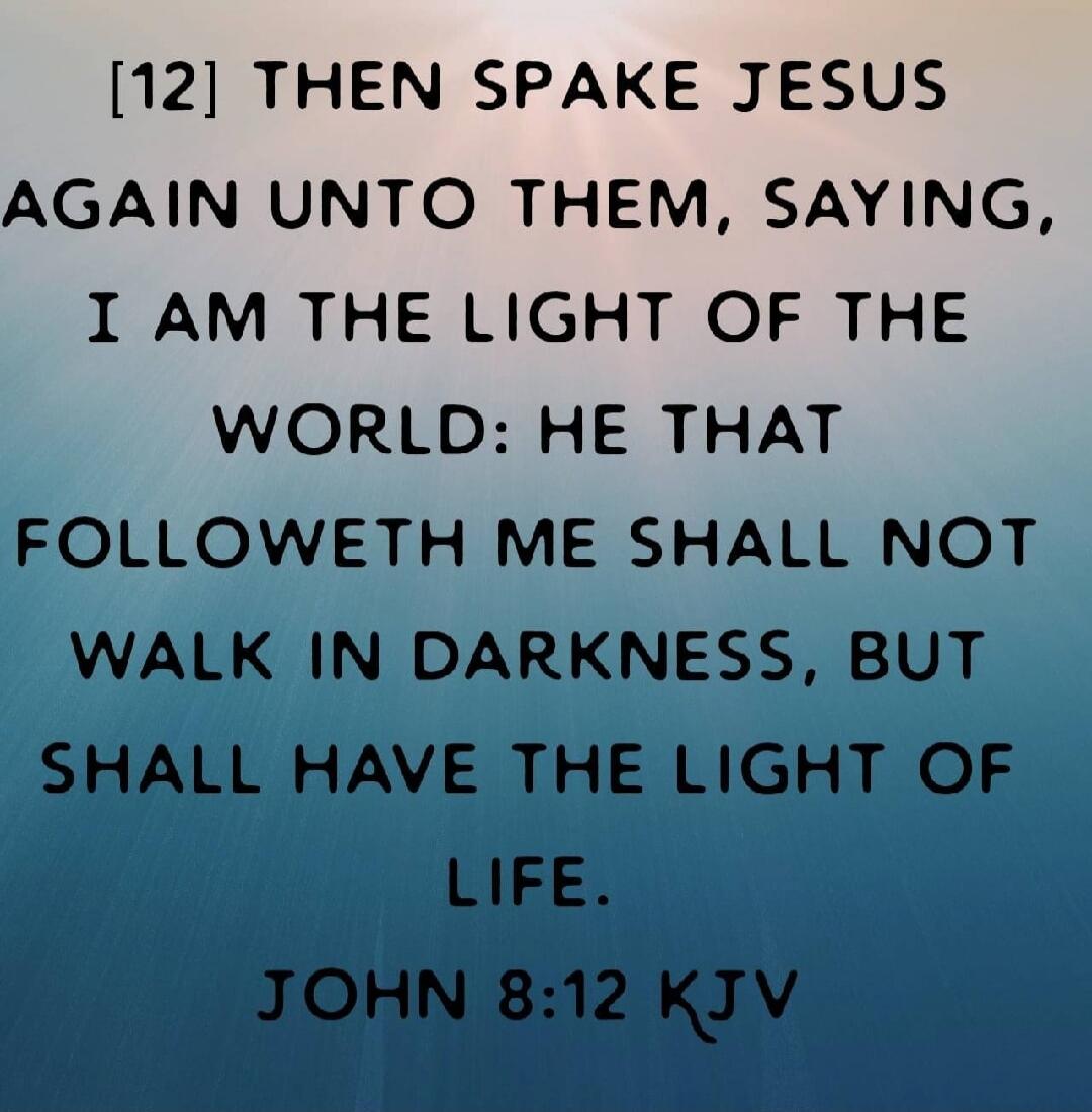 [12] THEN SPAKE JESUS AGAIN UNTO THEM, SAYING, I AM THE LIGHT OF THE WORLD: HE THAT FOLLOWETH ME SHALL NOT WALK IN DARKNESS, BUT SHALL HAVE THE LIGHT OF LIFE. JOHN 8:12 KJV