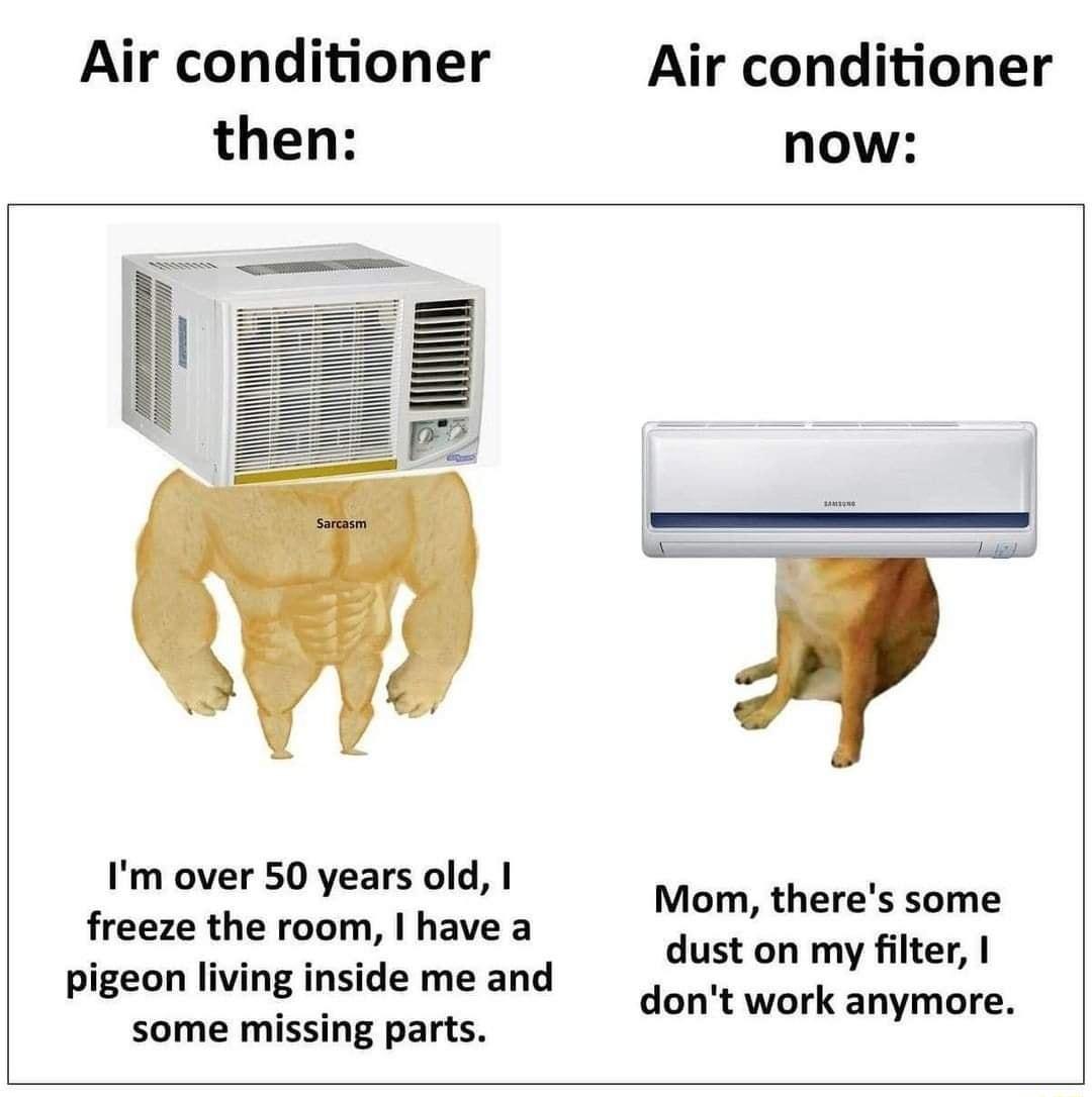 Air conditioner Air conditioner then now Im over 50 years old freeze the room have a pigeon living inside me and some missing parts Monm theres some dust on my filter dont work anymore
