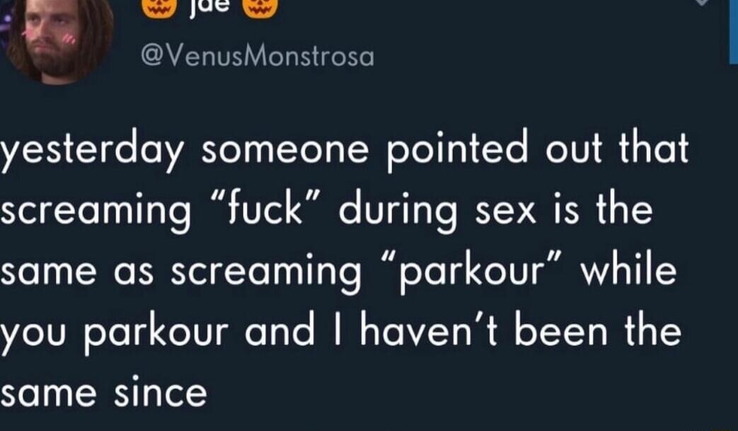 F E VenusMonstrosa yesterday someone pointed out that screaming fuck during sex is the same as screaming parkour while you parkour and havent been the same since