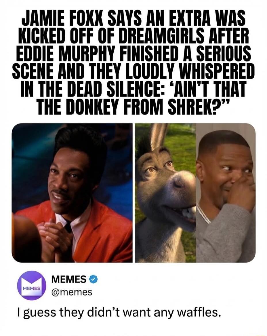 JAMIE FOXX SAYS AN EXTRA WAS KICKED OFF OF DREAMGIRLS AFTER EDDIE MURPHY FINISHED A SERIOUS SCENE AND THEY LOUDLY WHISPERED IN THE DEAD SILENCE: 'AIN'T THAT THE DONKEY FROM SHREK?' I guess they didn't want any waffles.