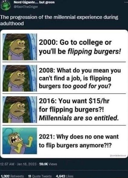 Nerd Gigant it green P he progression of the millennial experience during adulthood 2000 Go to college or youll be flipping burgers L 2008 What do you mean you cant find a job is flipping burgers too good for you 2016 You want 15hr for flipping burgers _ Millennials are so entitled 2021 Why does no one want to flip burgers anymore