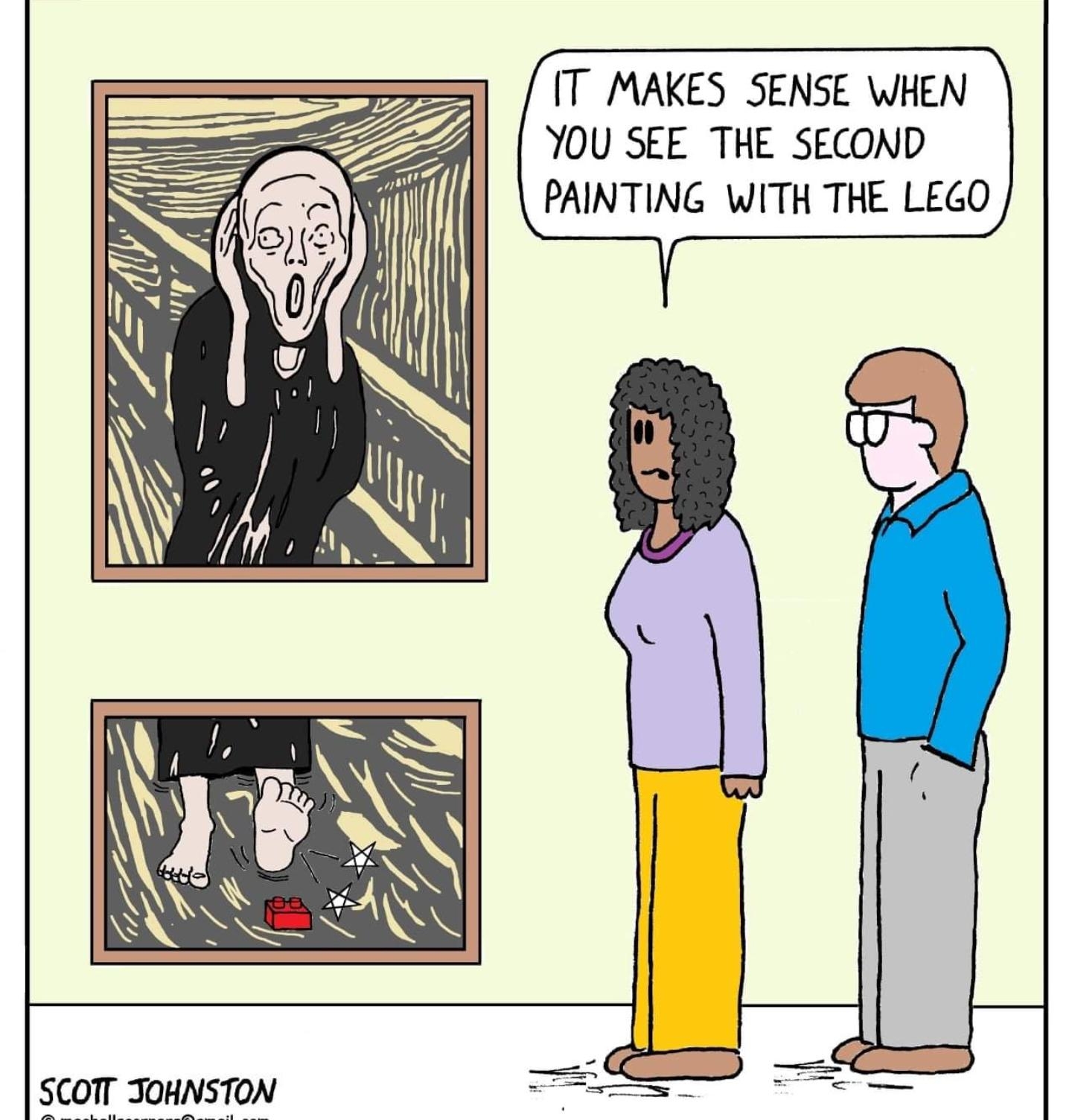 T MAKES SENSE WHEN YOU SEE THE SECOND PAINTING WITH THE LEGO SCOT JOHNSTON