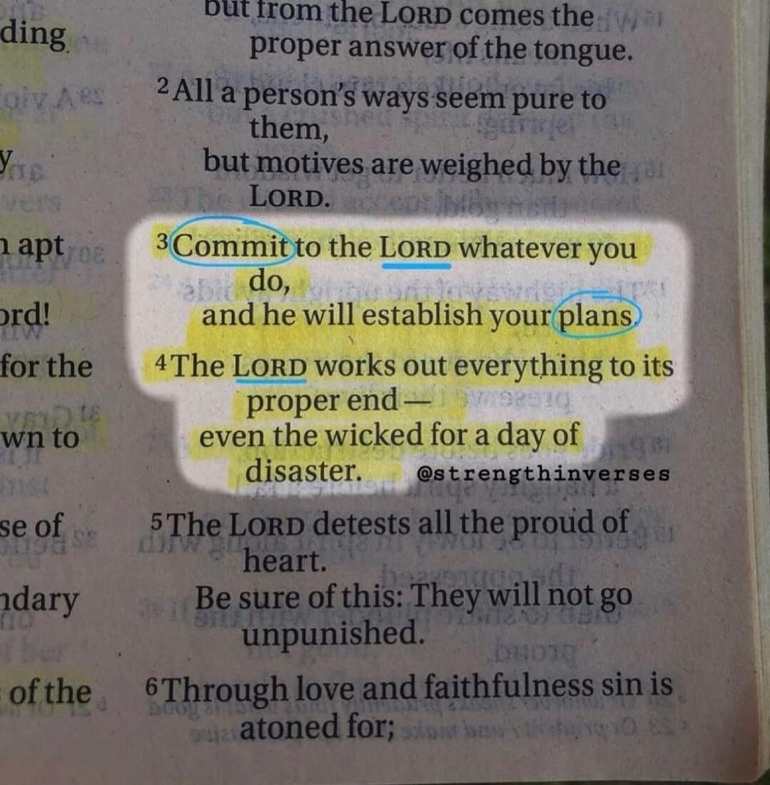 but from the LORD comes the proper answer of the tongue.
2 All a person's ways seem pure to them, but motives are weighed by the LORD.
3 Commit to the LORD whatever you do, and he will establish your plans.
4 The LORD works out everything to its proper end — even the wicked for a day of disaster.
@strengthinverses
5 The LORD detests all the proud o