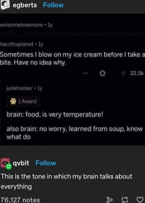 egberts Follow winsomelosemore ly haccthaplanet ly Sometimes blow on my ice cream before take a bite Have no idea why 225k junkhacker 1y 1 Award brain food is very temperature also brain no worry learned from soup know what do aqvbn This is the tone in which my brain talks about everything YCRVAIE b T s T o