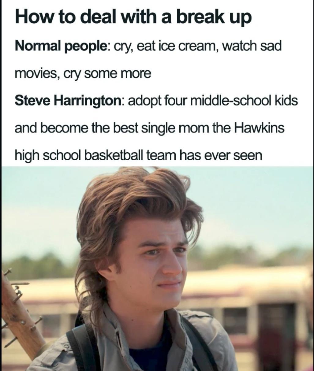 How to deal with a break up Normal people cry eat ice cream watch sad movies cry some more Steve Harrington adopt four middle school kids and become the best single mom the Hawkins high school basketball team has ever seen