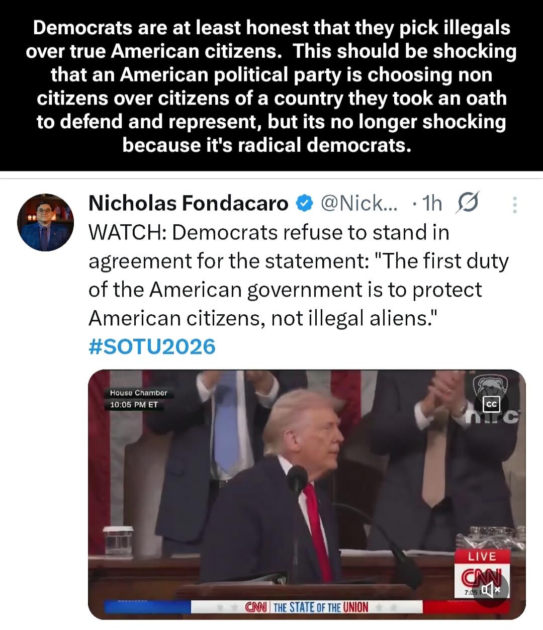 Democrats are at least honest that they pick illegals over true American citizens. This should be shocking that an American political party is choosing non citizens over citizens of a country they took an oath to defend and represent, but its no longer shocking because it's radical democrats.

Nicholas Fondacaro @Nick.... 1h
WATCH: Democrats refuse