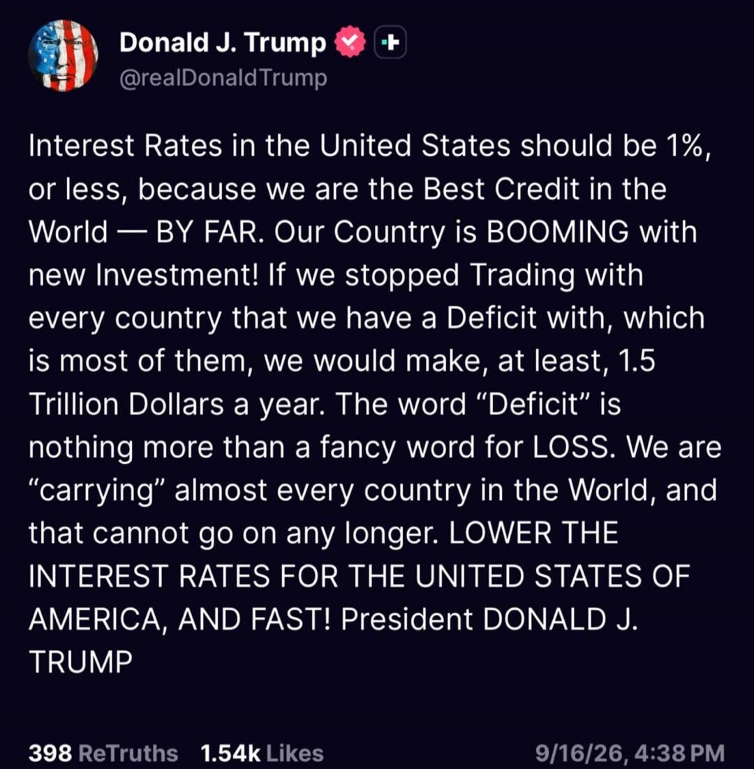 Interest Rates in the United States should be 1%, or less, because we are the Best Credit in the World — BY FAR. Our Country is BOOMING with new Investment! If we stopped Trading with every country that we have a Deficit with, which is most of them, we would make, at least, 1.5 Trillion Dollars a year. The word “Deficit” is nothing more than a fanc