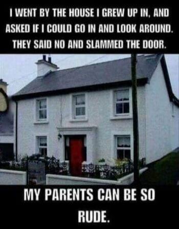 I WENT BY THE HOUSE I GREW UP IN, AND ASKED IF I COULD GO IN AND LOOK AROUND. THEY SAID NO AND SLAMMED THE DOOR. MY PARENTS CAN BE SO RUDE.