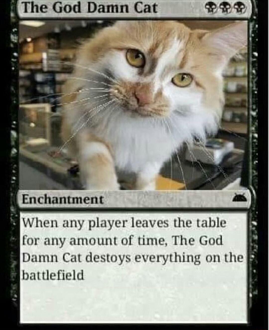 The God Damn Cat Enchantment fll When any player leaves the table for any amount of time The God Damn Cat destoys everything on the battlefield