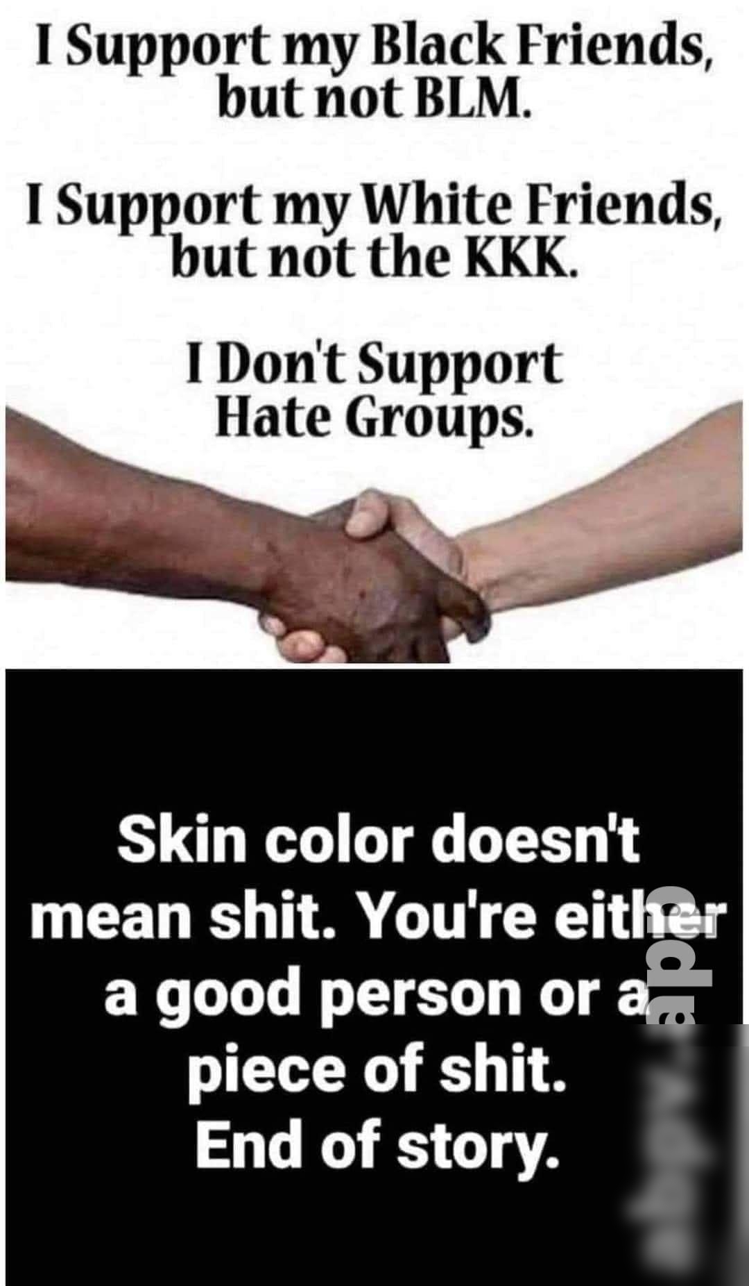 I Support my Black Friends but not BLM I Support my White Friends but not the KKK I Dont Support Hate Groups y S L G 1T mean shit Youre eitlfr CR Ll TG I T piece of shit End of story