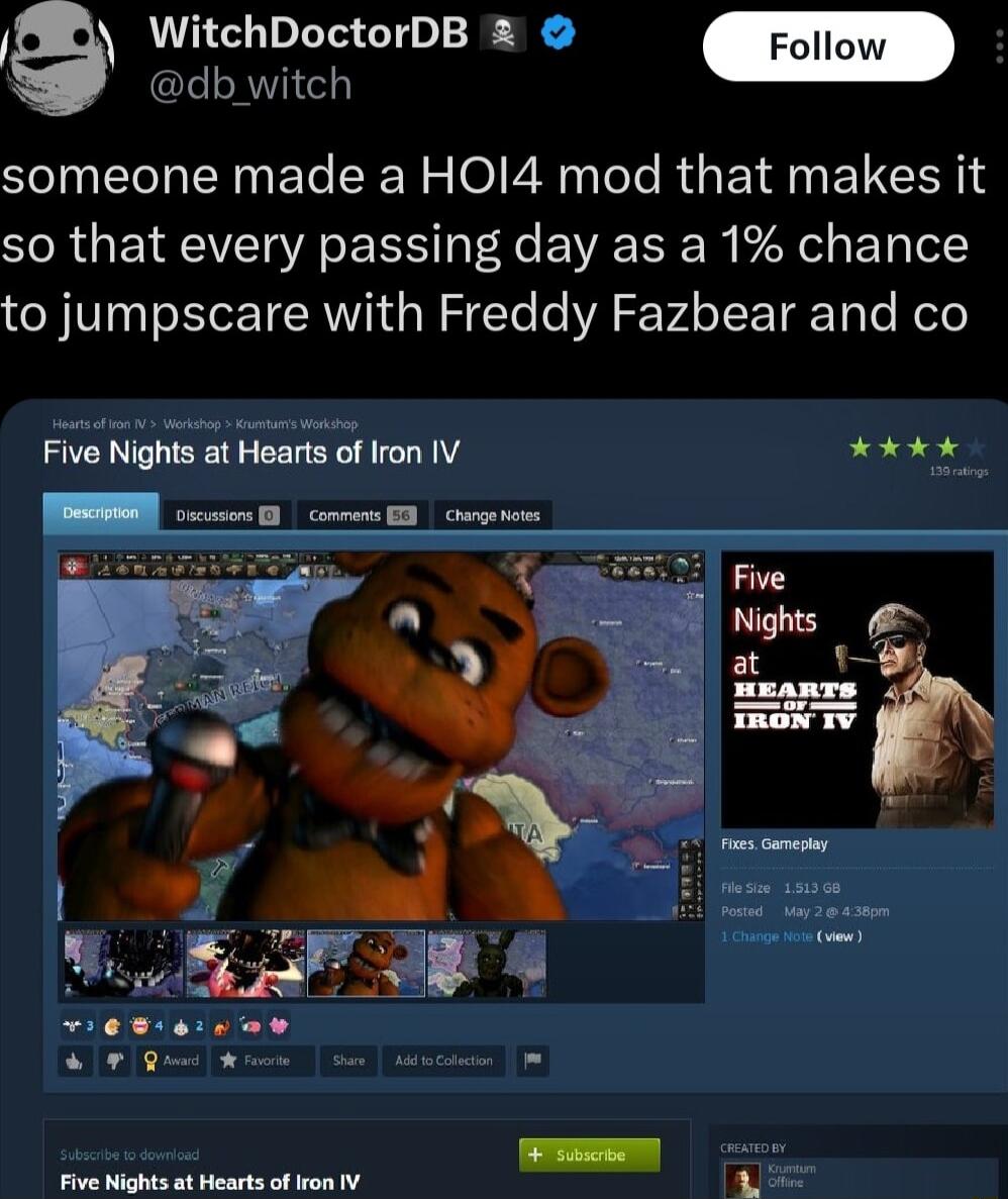 WitchDoctorDB db witch someone made a HOI4 mod that makes it so that every passing day as a 1 chance to jumpscare with Freddy Fazbear and co Five Nights at Hearts o Iron IV ak Five Nights at Hearts of fron IV