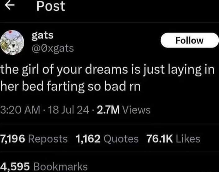 Post o L the girl of your dreams is just laying in her bed farting so bad rn 320 AM 18 Jul 24 27M Views 7196 Reposts 1162 Quotes 761K Likes 4595 Bookmarks