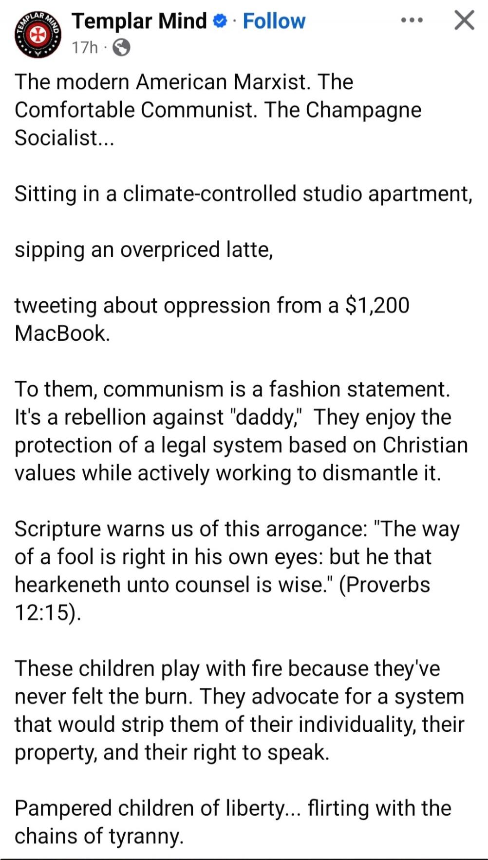 The modern American Marxist. The Comfortable Communist. The Champagne Socialist...

Sitting in a climate-controlled studio apartment,

sipping an overpriced latte,

tweeting about oppression from a $1,200 MacBook.

To them, communism is a fashion statement. It's a rebellion against 