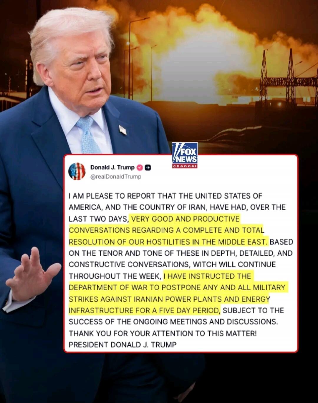 I AM PLEASED TO REPORT THAT THE UNITED STATES OF AMERICA, AND THE COUNTRY OF IRAN, HAVE HAD, OVER THE LAST TWO DAYS, VERY GOOD AND PRODUCTIVE CONVERSATIONS REGARDING A COMPLETE AND TOTAL RESOLUTION OF OUR HOSTILITIES IN THE MIDDLE EAST. BASED ON THE TENOR AND TONE OF THESE IN DEPTH, DETAILED, AND CONSTRUCTIVE CONVERSATIONS, WHICH WILL CONTINUE THRO