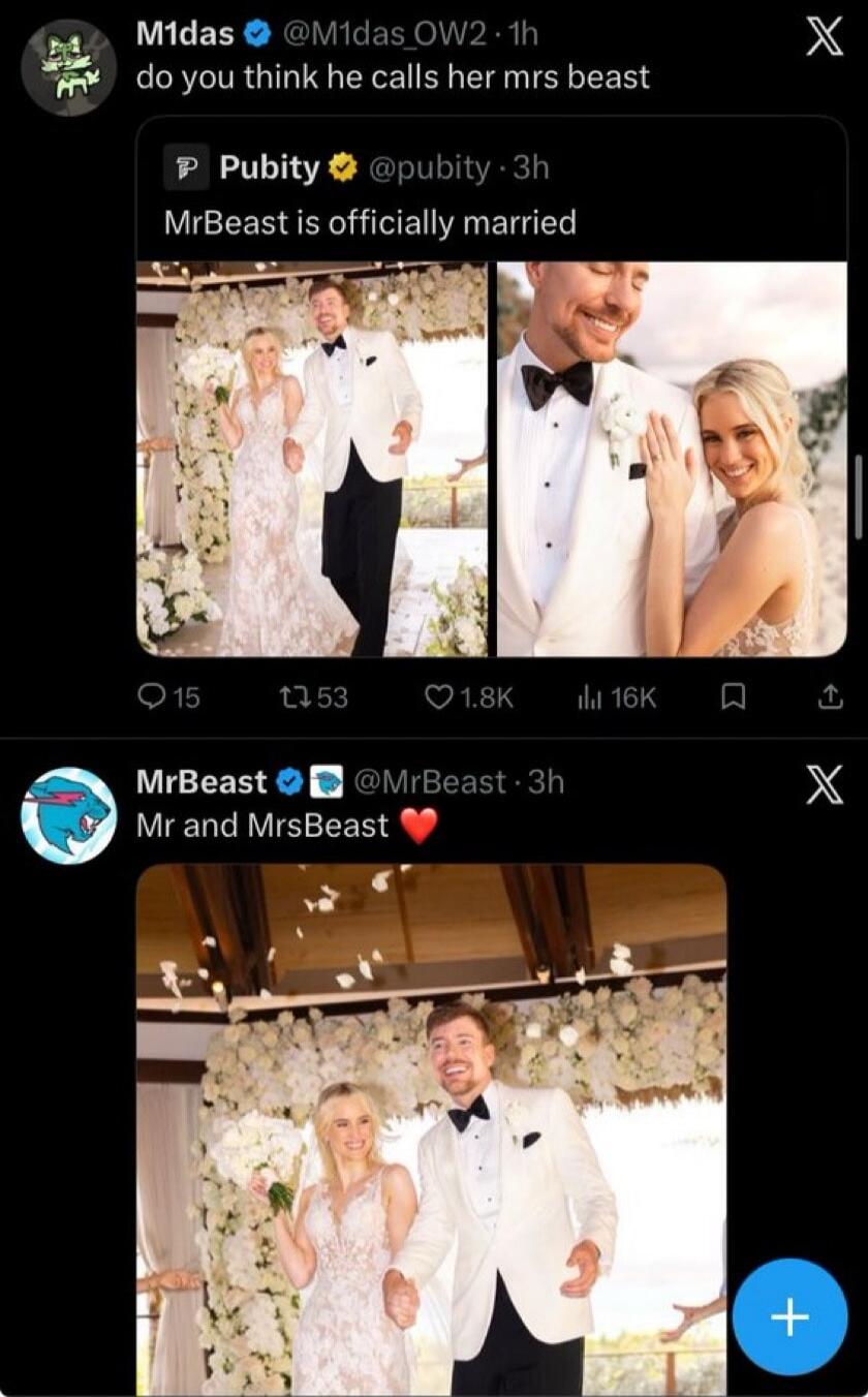 do you think he calls her mrs beast Pubity MrBeast is officially married MrBeast Mr and MrsBeast