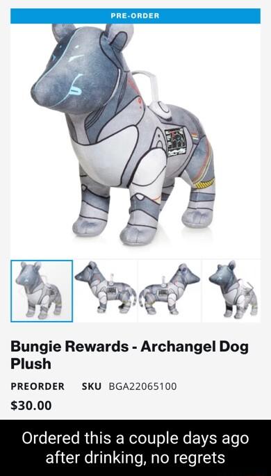 PRE ORDER i J Bungie Rewards Archangel Dog Plush PREORDER SKU BGA22065100 3000 O1eS1Te R IR Nl U o R EVEYETeo after drinking no regrets