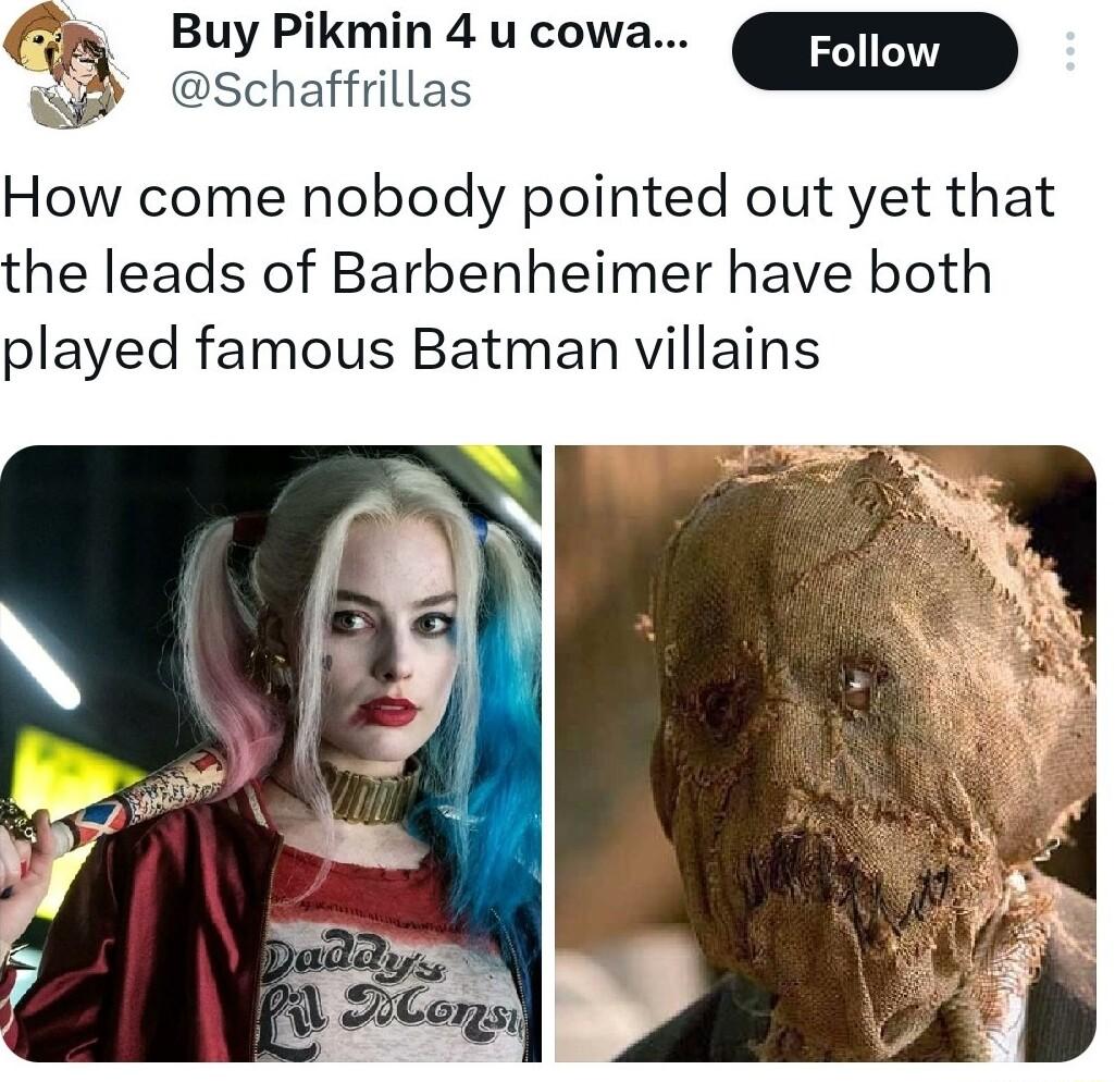 m Buy Pikmin 4 u cowa Foll S Gothairias How come nobody pointed out yet that the leads of Barbenheimer have both played famous Batman villains