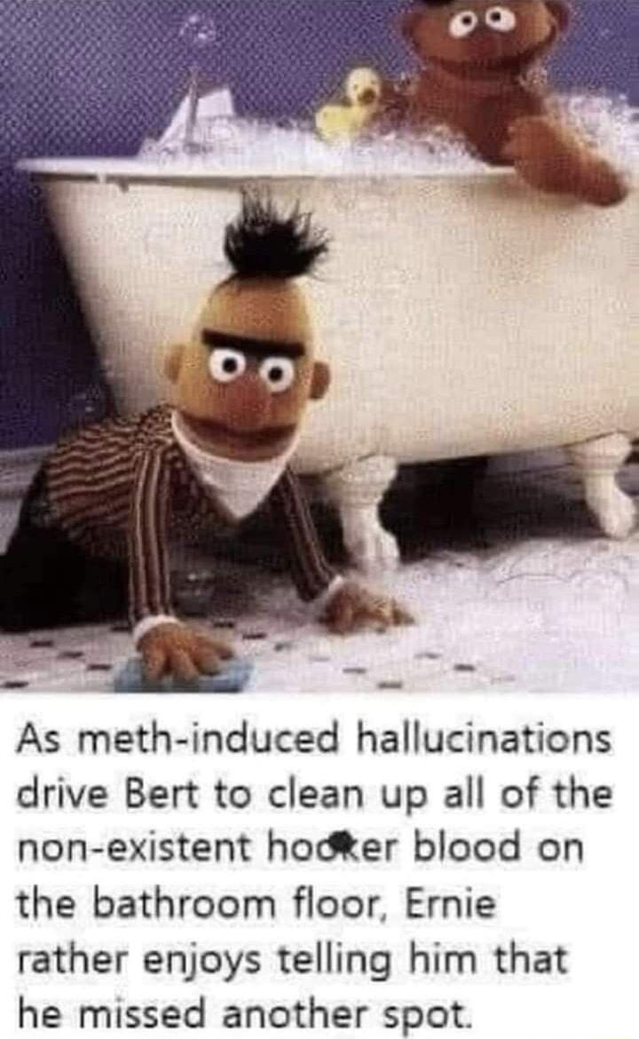 As meth induced hallucinations drive Bert to clean up all of the non existent hodker blood on the bathroom floor Ernie rather enjoys telling him that he missed another spot