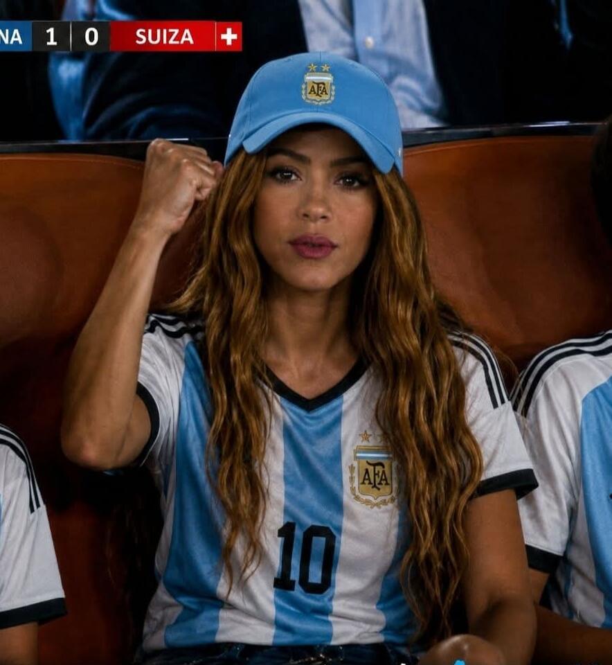 A woman, possibly Shakira, wearing an Argentina national football team jersey and a light blue cap with the AFA logo, is shown with a clenched fist, intently watching a football match. The scoreboard in the background displays 'Argentina 1 - 0 Switzerland'.