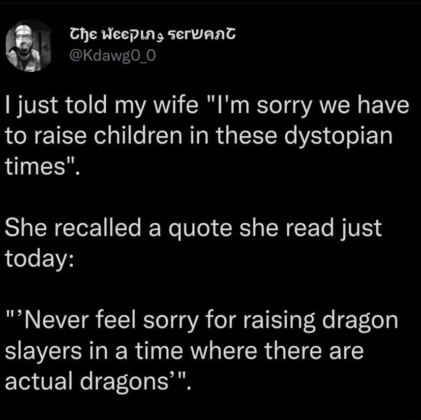 s Cc cclg serwant A ckivgoo 2 just told my wife Im sorry we have to raise children in these dystopian times She recalled a quote she read just today Never feel sorry for raising dragon slayers in a time where there are EIGUETRC Tl N