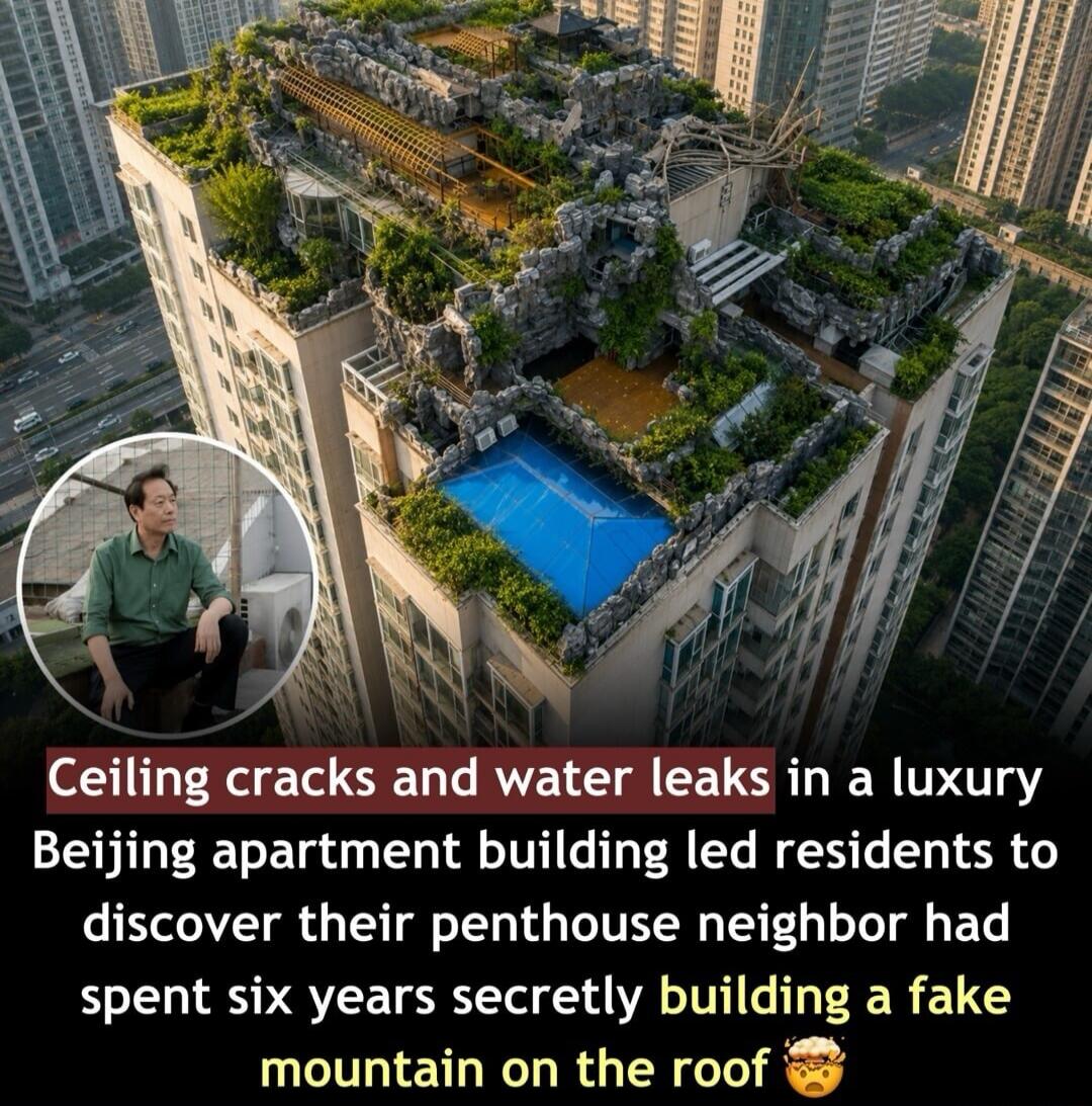 Ceiling cracks and water leaks in a luxury Beijing apartment building led residents to discover their penthouse neighbor had spent six years secretly building a fake mountain on the roof 🤯