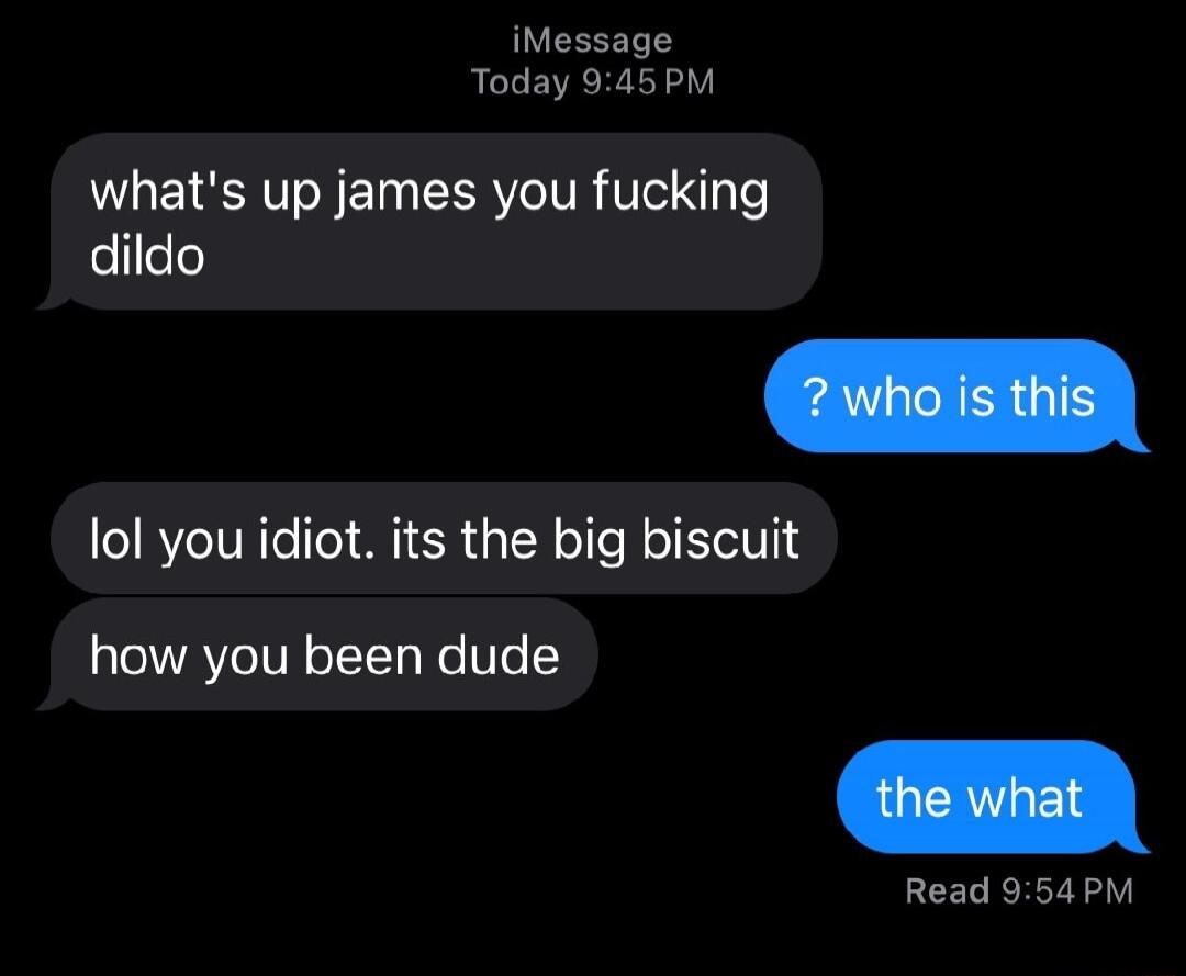 iMessage Today 945 PM whats up james you fucking felllele lol you idiot its the big biscuit how you been dude Read 954 PM