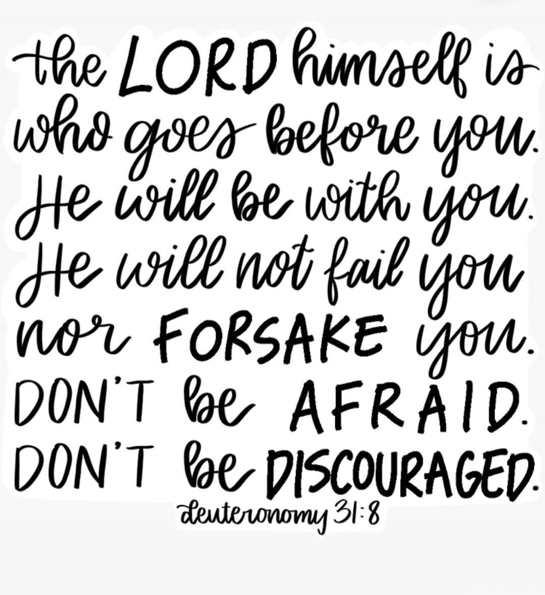 the LORD himself is who goes before you. He will be with you. He will not fail you nor FORSAKE you. DON’T BE AFRAID. DON’T BE DISCOURAGED. deuteronomy 31:8
