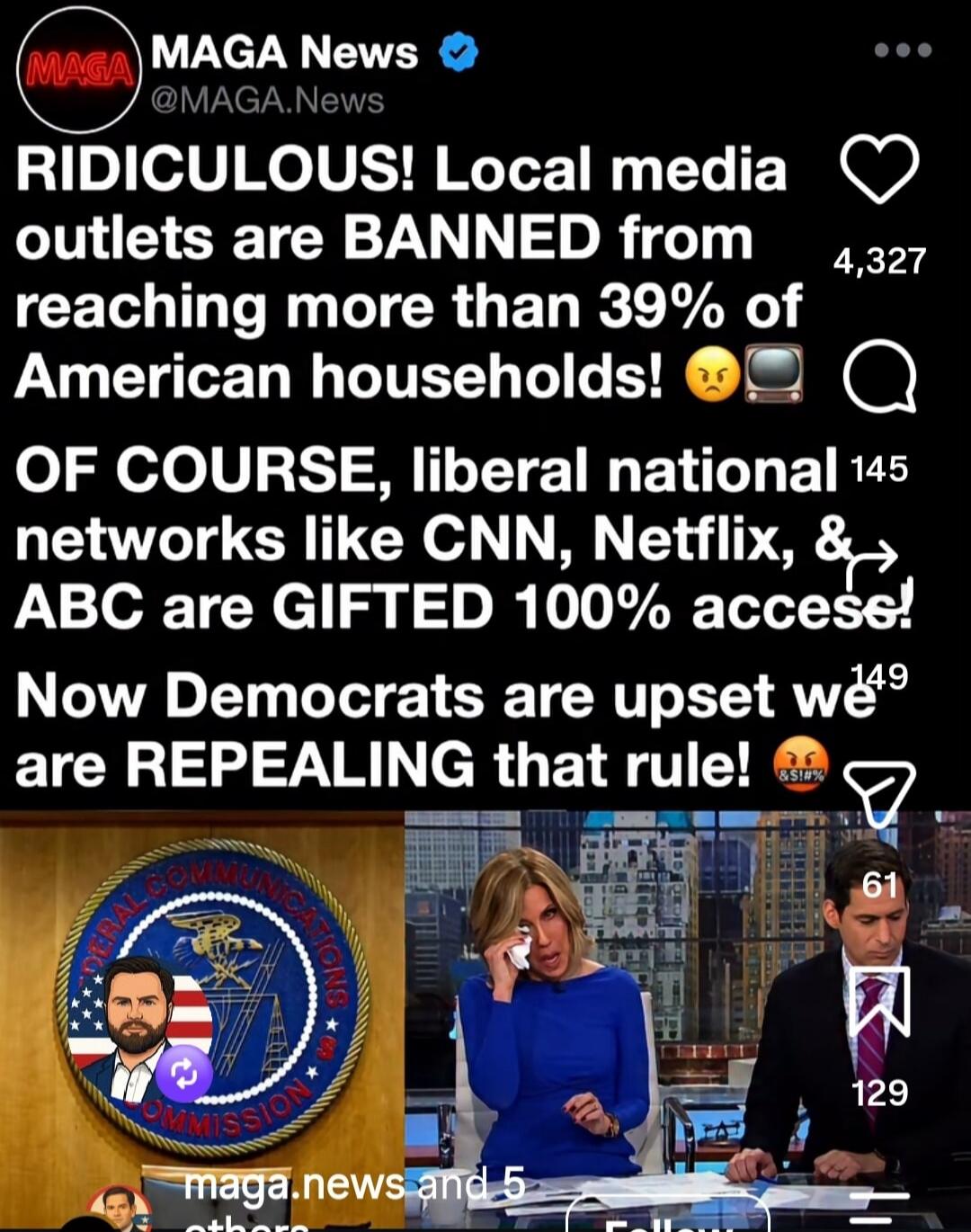 RIDICULOUS! Local media outlets are BANNED from reaching more than 39% of American households! OF COURSE, liberal national networks like CNN, Netflix, & ABC are GIFTED 100% access! Now Democrats are upset we are REPEALING that rule!