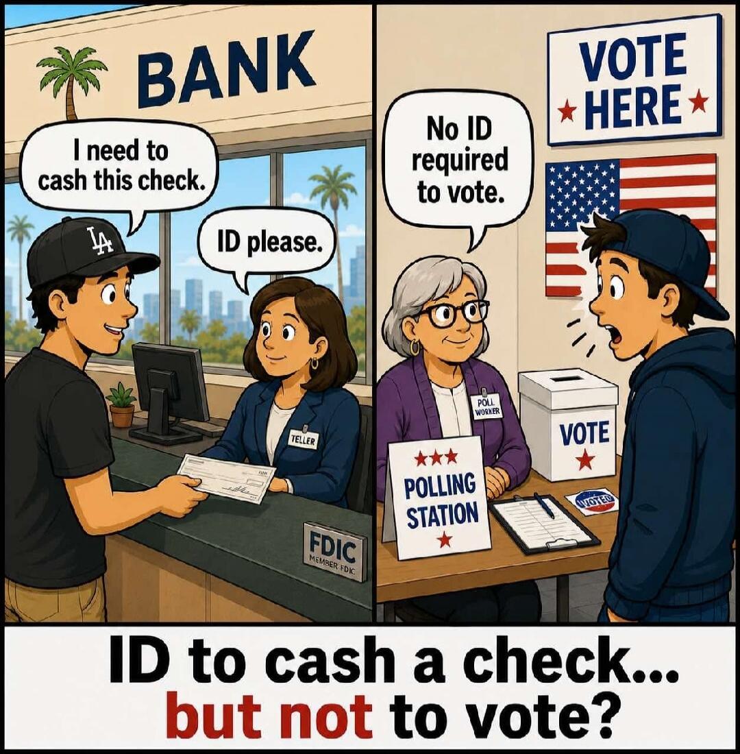 BANK I need to cash this check. ID please. FDIC MEMBER FDIC VOTE HERE No ID required to vote. POLL WORKER POLLING STATION VOTE ID to cash a check... but not to vote?