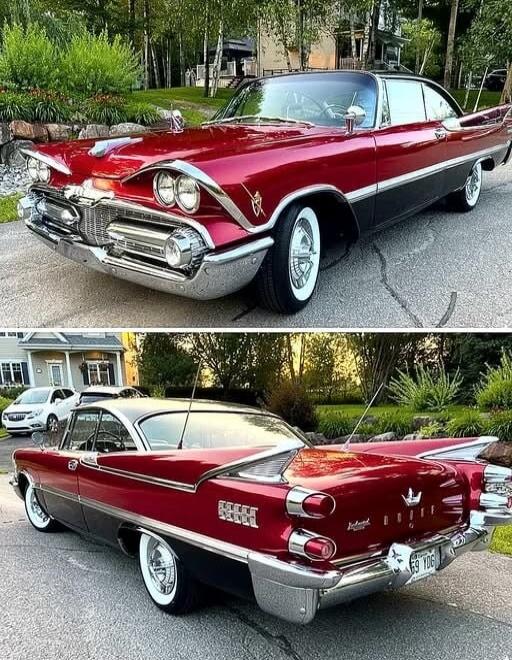 Two-angle view of a red and gray vintage Cadillac with white-wall tires. The car features chrome detailing, fins at the rear, and classic 1950s styling. License plate visible in the rear photo.