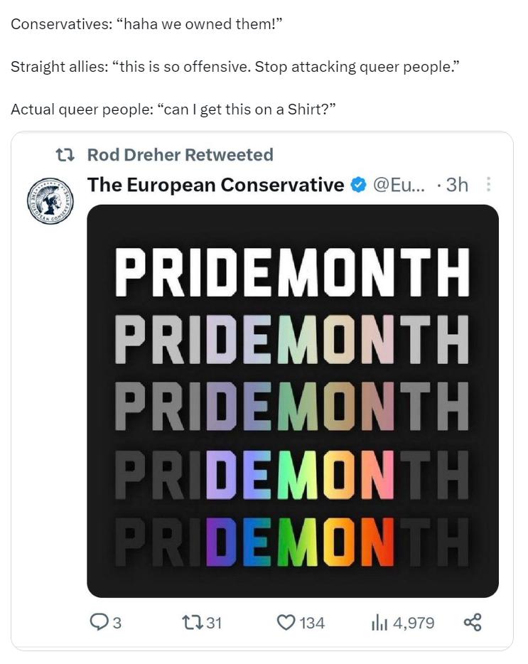 Conservatives h d them Straight allies this is so offensive Stop attacking queer people Actual queer people can get this on a Shirt 13 Rod Dreher Retweeted The European Conservative Eu 3h X PRIDEMONTH PRIDEMONTH DEMON DEMON AON
