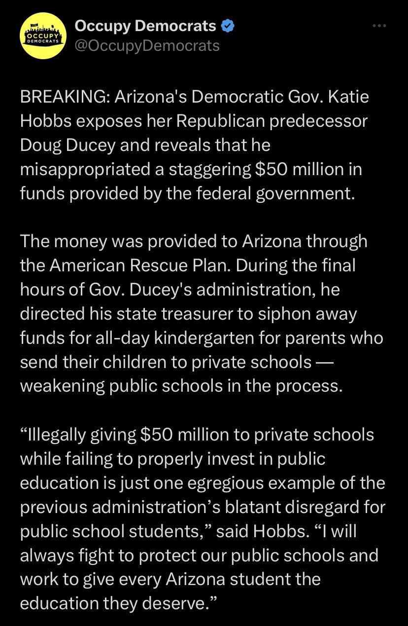 o TV B LT ETER OccupyDemocrats BREAKING Arizonas Democratic Gov Katie Hobbs exposes her Republican predecessor Doug Ducey and reveals that he misappropriated a staggering 50 million in funds provided by the federal government The money was provided to Arizona through the American Rescue Plan During the final hours of Gov Duceys administration he directed his state treasurer to siphon away funds fo