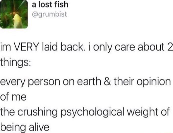 alost fish grumbist im VERY laid back i only care about 2 things every person on earth their opinion of me the crushing psychological weight of being alive