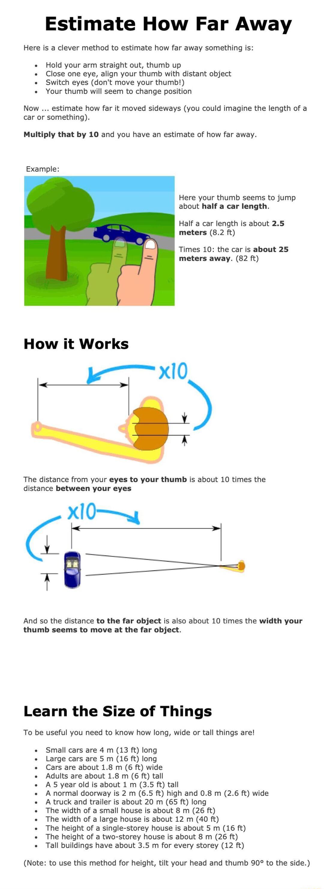 Estimate How Far Away Here Is a clever method to estimate how far away something Is Hold your arm straight out thumb up Close one eye align your thumb with distant object Switch eyes dont move your thumb Your thumb will seem to change position Now estimate how far it moved sideways you could imagine the length of a car or something Multiply that by 10 and you have an estimate of how far away Examp