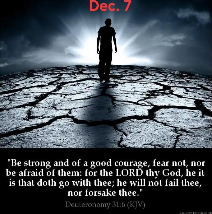 Dec. 7
Be strong and of a good courage, fear not, nor be afraid of them: for the LORD thy God, he it is that doth go with thee; he will not fail thee, nor forsake thee.
Deuteronomy 31:6 (KJV)