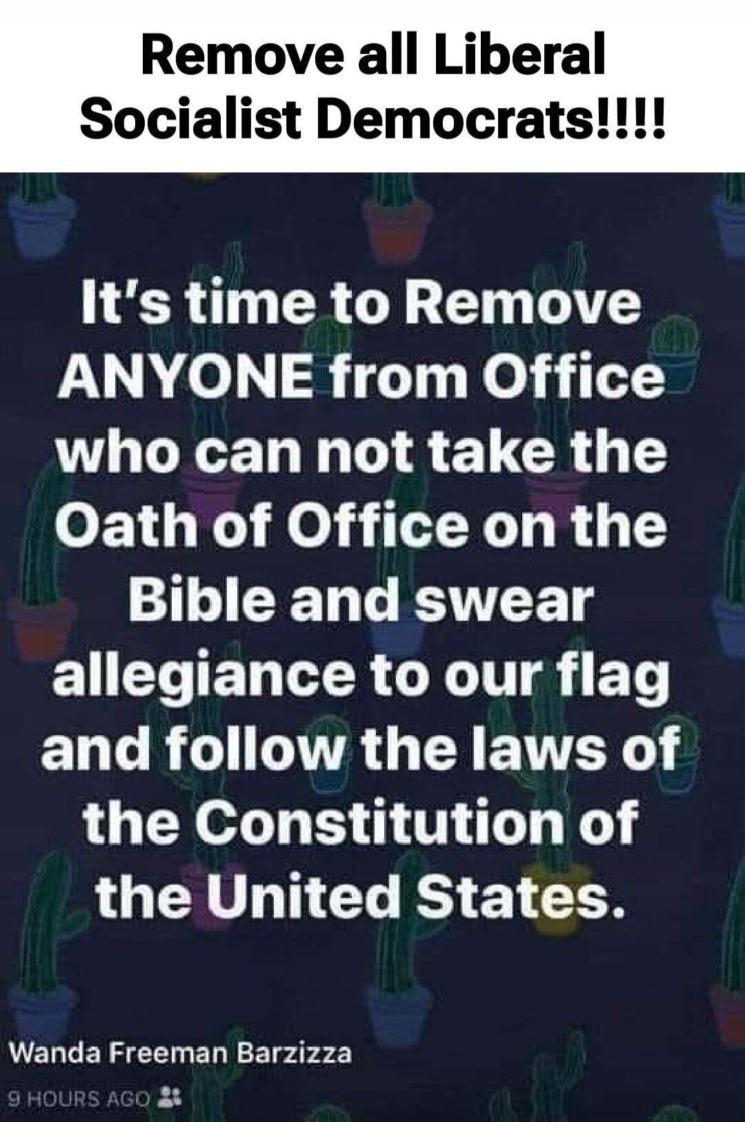 Remove all Liberal Socialist Democrats!!!! It's time to Remove ANYONE from Office who can not take the Oath of Office on the Bible and swear allegiance to our flag and follow the laws of the Constitution of the United States. Wanda Freeman Barzizza 9 HOURS AGO