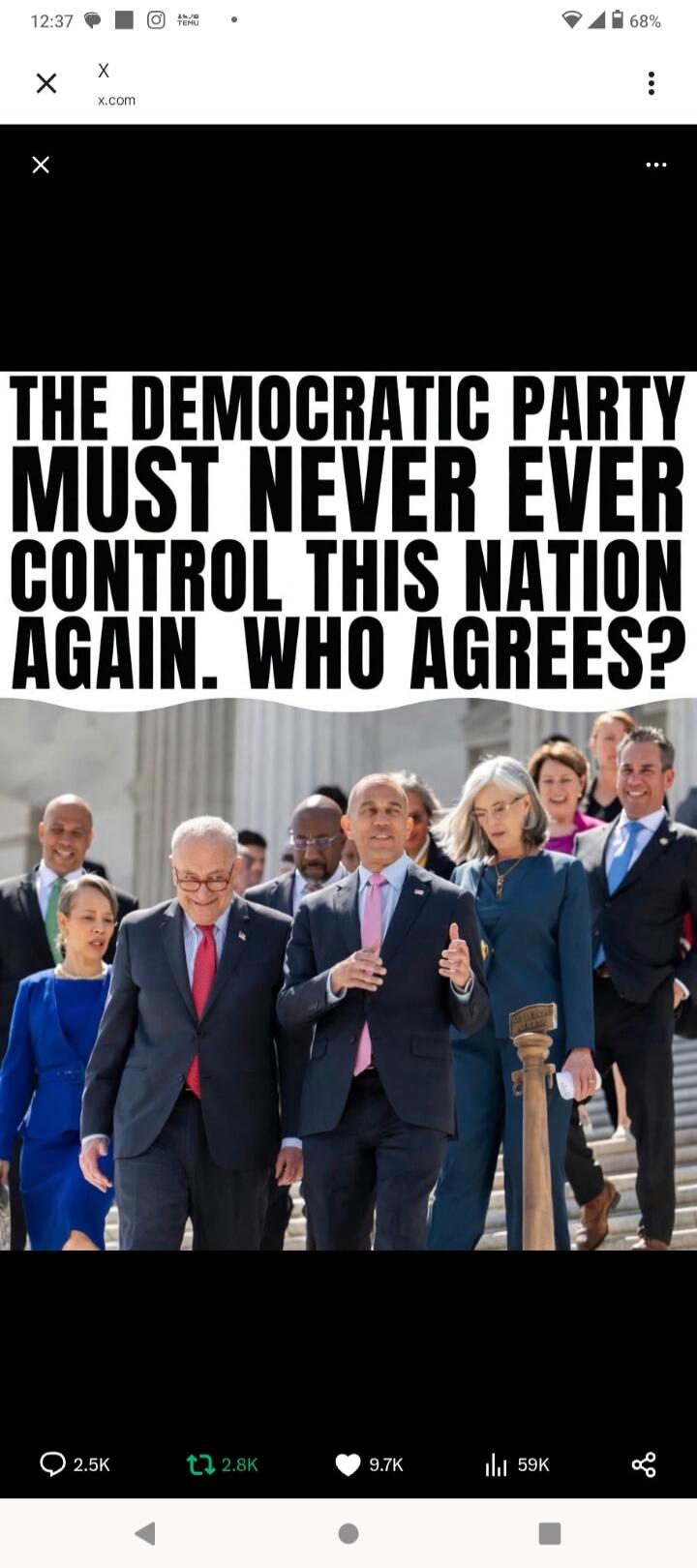 THE DEMOCRATIC PARTY MUST NEVER EVER CONTROL THIS NATION AGAIN. WHO AGREES?