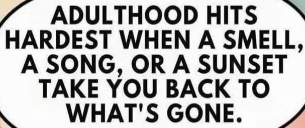 ADULTHOOD HITS HARDEST WHEN A SMELL, A SONG, OR A SUNSET TAKE YOU BACK TO WHAT'S GONE.