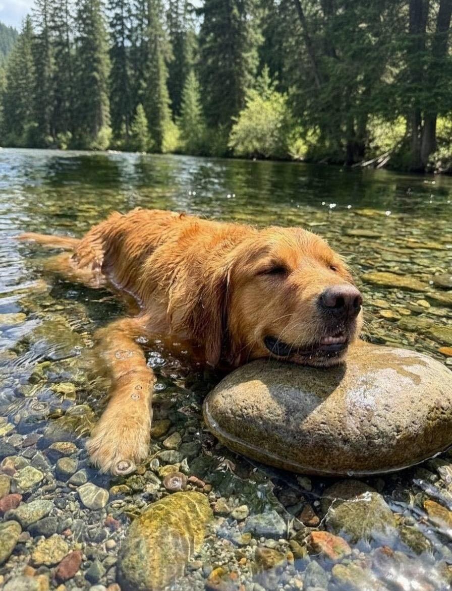 A golden retriever lying in shallow clear water with its head resting on a rock, near a forested lakeshore.
