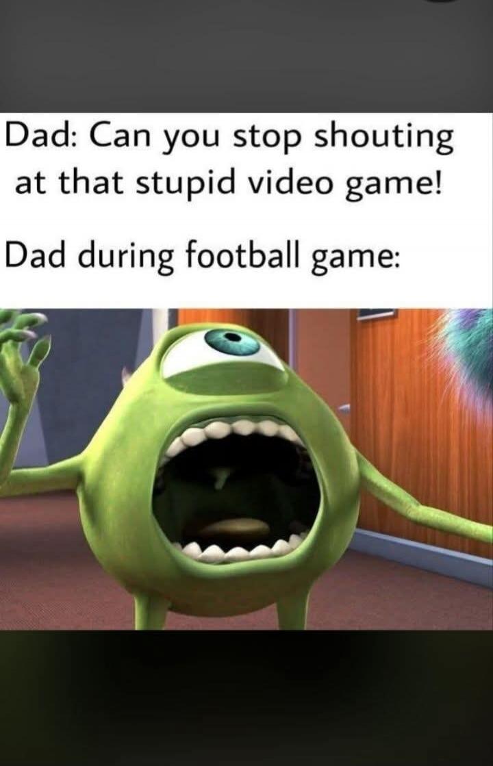 Dad: Can you stop shouting at that stupid video game! Dad during football game: