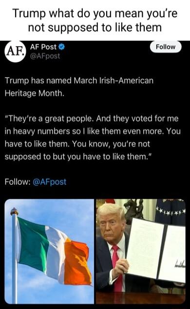 Trump what do you mean youre not supposed to like them AF AF Post Trump has named March Irish American EEERYLIGN Theyre a great people And they voted for me in heavy numbers so like them even more You EVER R RGN R TG TR TR T3 supposed to but you have to like them Follow AFpost