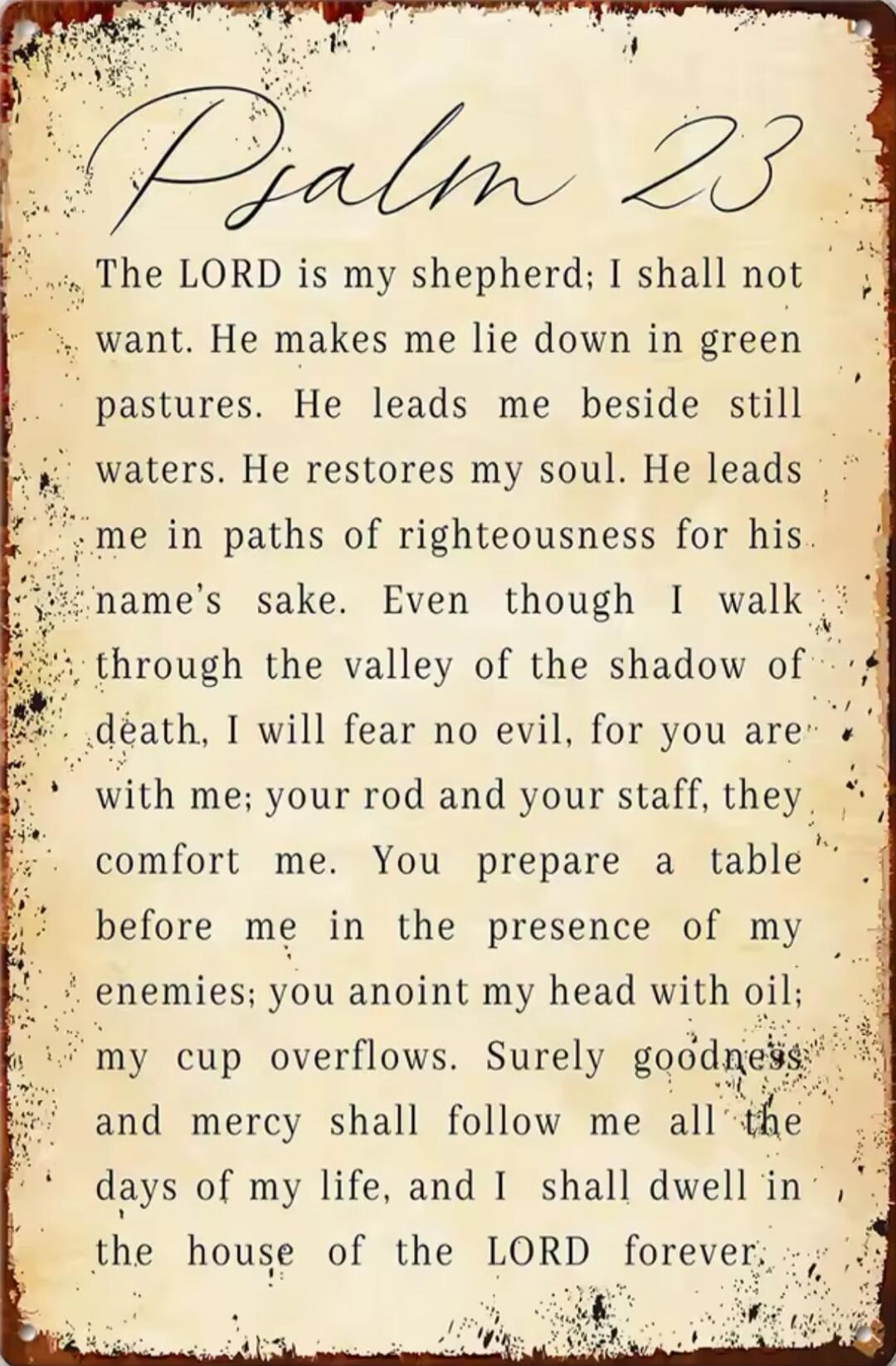 Psalm 23
The LORD is my shepherd; I shall not want. He makes me lie down in green pastures. He leads me beside still waters. He restores my soul. He leads me in paths of righteousness for his name's sake. Even though I walk through the valley of the shadow of death, I will fear no evil, for you are with me; your rod and your staff, they comfort me.