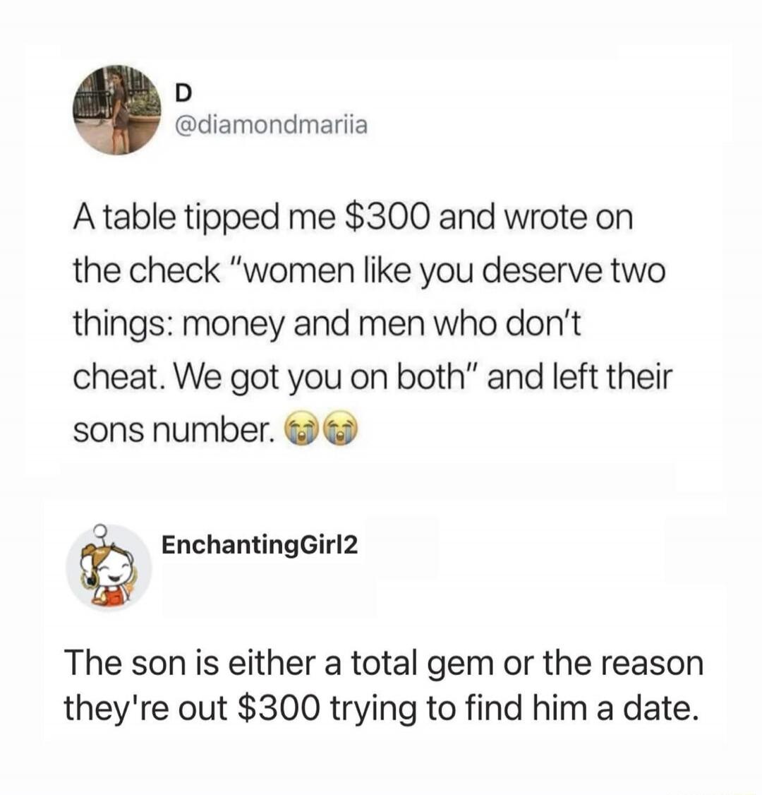 A table tipped me $300 and wrote on the check 