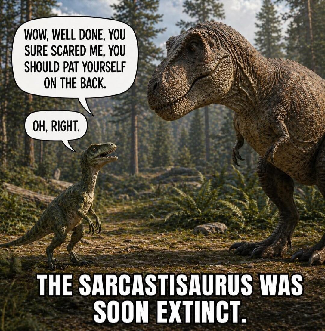 WOW, WELL DONE, YOU SURE SCARED ME, YOU SHOULD PAT YOURSELF ON THE BACK. OH, RIGHT. THE SARCASTISAURUS WAS SOON EXTINCT.
