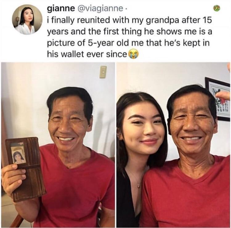 gianne viagianne e i finally reunited with my grandpa after 156 years and the first thing he shows me is a picture of 5 year old me that hes kept in his wallet ever since