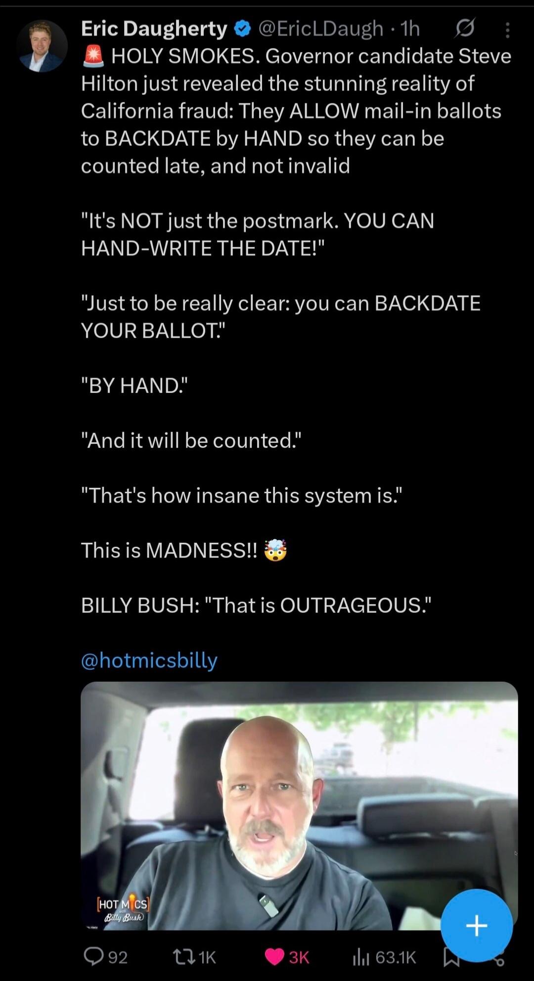 HOLY SMOKES. Governor candidate Steve Hilton just revealed the stunning reality of California fraud: They ALLOW mail-in ballots to BACKDATE by HAND so they can be counted late, and not invalid. 